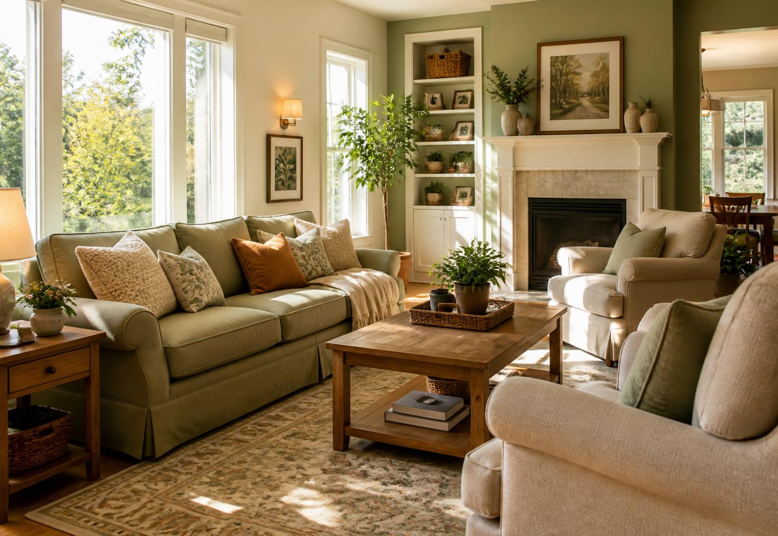 Sunlit shared living room with comfortable seating and plants